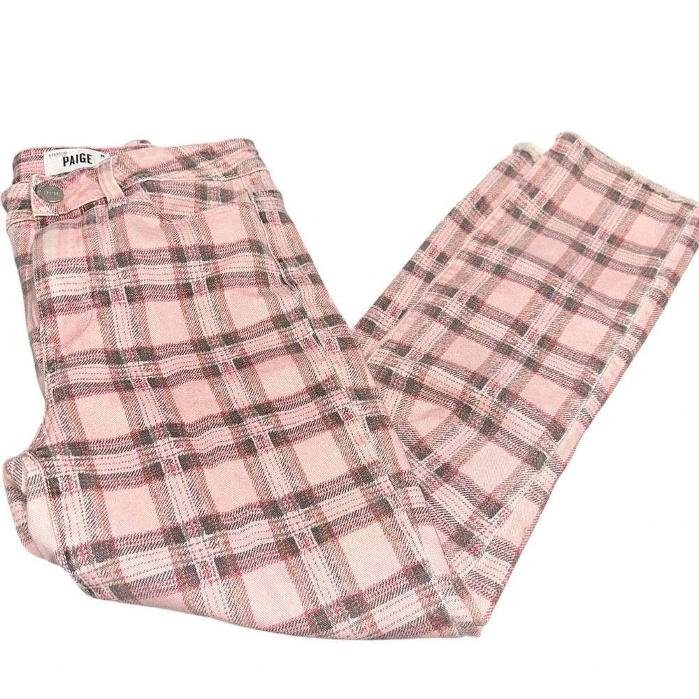 Paige Hoxton Slim Pink Plaid Jeans Raw Hem Stretch Women's 28‎